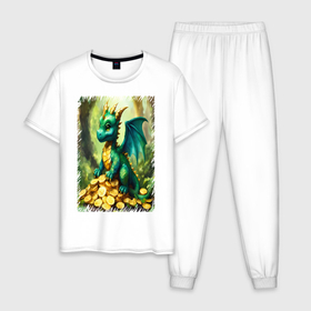 Мужская пижама хлопок с принтом Дракон с золотыми монетами в Кировске, 100% хлопок | брюки и футболка прямого кроя, без карманов, на брюках мягкая резинка на поясе и по низу штанин
 | 