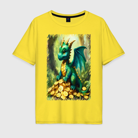 Мужская футболка хлопок Oversize с принтом Дракон с золотыми монетами в Белгороде, 100% хлопок | свободный крой, круглый ворот, “спинка” длиннее передней части | 