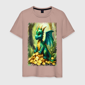 Мужская футболка хлопок с принтом Дракон с золотыми монетами в Белгороде, 100% хлопок | прямой крой, круглый вырез горловины, длина до линии бедер, слегка спущенное плечо. | 