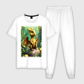Мужская пижама хлопок с принтом Золотой дракон символ 2024 в Кировске, 100% хлопок | брюки и футболка прямого кроя, без карманов, на брюках мягкая резинка на поясе и по низу штанин
 | 