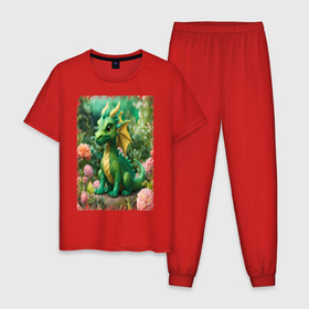 Мужская пижама хлопок с принтом Зеленый дракон с цветочками в Петрозаводске, 100% хлопок | брюки и футболка прямого кроя, без карманов, на брюках мягкая резинка на поясе и по низу штанин
 | Тематика изображения на принте: 