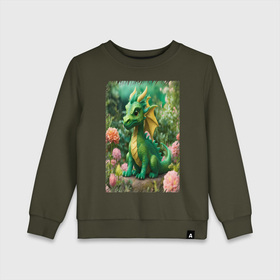 Детский свитшот хлопок с принтом Зеленый дракон с цветочками , 100% хлопок | круглый вырез горловины, эластичные манжеты, пояс и воротник | Тематика изображения на принте: 
