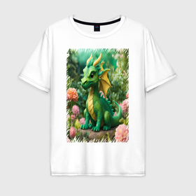 Мужская футболка хлопок Oversize с принтом Зеленый дракон с цветочками в Петрозаводске, 100% хлопок | свободный крой, круглый ворот, “спинка” длиннее передней части | Тематика изображения на принте: 