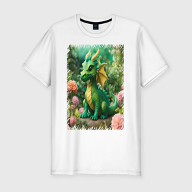 Мужская футболка хлопок Slim с принтом Зеленый дракон с цветочками в Белгороде, 92% хлопок, 8% лайкра | приталенный силуэт, круглый вырез ворота, длина до линии бедра, короткий рукав | 