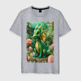 Мужская футболка хлопок с принтом Зеленый дракон с цветочками в Белгороде, 100% хлопок | прямой крой, круглый вырез горловины, длина до линии бедер, слегка спущенное плечо. | 