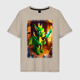 Мужская футболка хлопок Oversize с принтом Зеленый дракон майнкрафт , 100% хлопок | свободный крой, круглый ворот, “спинка” длиннее передней части | 