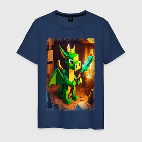 Мужская футболка хлопок с принтом Зеленый дракон майнкрафт в Петрозаводске, 100% хлопок | прямой крой, круглый вырез горловины, длина до линии бедер, слегка спущенное плечо. | Тематика изображения на принте: 
