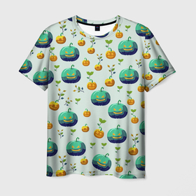 Мужская футболка 3D с принтом Тыква веточки и листья в Санкт-Петербурге, 100% полиэфир | прямой крой, круглый вырез горловины, длина до линии бедер | 