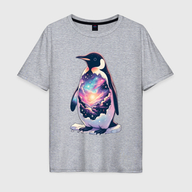 Мужская футболка хлопок Oversize с принтом Пингвин с космосом в Санкт-Петербурге, 100% хлопок | свободный крой, круглый ворот, “спинка” длиннее передней части | Тематика изображения на принте: 