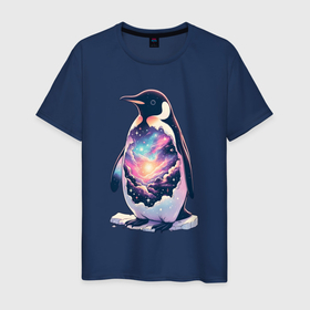 Мужская футболка хлопок с принтом Пингвин с космосом в Санкт-Петербурге, 100% хлопок | прямой крой, круглый вырез горловины, длина до линии бедер, слегка спущенное плечо. | Тематика изображения на принте: 