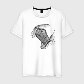 Мужская футболка хлопок с принтом Хамелеон со стрекозой в Курске, 100% хлопок | прямой крой, круглый вырез горловины, длина до линии бедер, слегка спущенное плечо. | 
