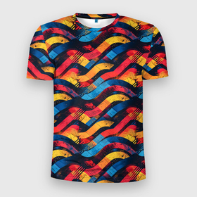 Мужская футболка 3D Slim с принтом Разноцветные полосы волны в Тюмени, 100% полиэстер с улучшенными характеристиками | приталенный силуэт, круглая горловина, широкие плечи, сужается к линии бедра | 
