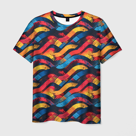 Мужская футболка 3D с принтом Разноцветные полосы волны в Тюмени, 100% полиэфир | прямой крой, круглый вырез горловины, длина до линии бедер | 