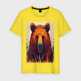 Мужская футболка хлопок с принтом Медведь в лесу рычит в Белгороде, 100% хлопок | прямой крой, круглый вырез горловины, длина до линии бедер, слегка спущенное плечо. | 
