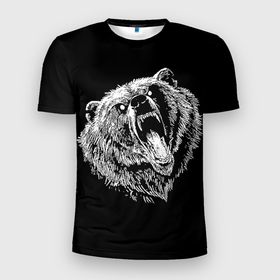 Мужская футболка 3D Slim с принтом Яростный медведь воин в Петрозаводске, 100% полиэстер с улучшенными характеристиками | приталенный силуэт, круглая горловина, широкие плечи, сужается к линии бедра | 