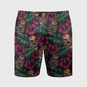 Мужские шорты спортивные с принтом Тропический фон с Гавайскими масками тики в Курске,  |  | Тематика изображения на принте: 