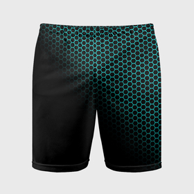 Мужские шорты спортивные с принтом Неоновые соты чёрно бирюзовый в Белгороде,  |  | Тематика изображения на принте: 