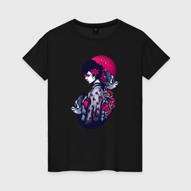 Женская футболка хлопок с принтом Японская девушка с птицами в Курске, 100% хлопок | прямой крой, круглый вырез горловины, длина до линии бедер, слегка спущенное плечо | 