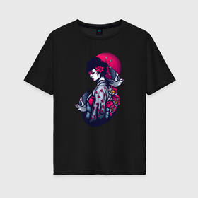 Женская футболка хлопок Oversize с принтом Японская девушка с птицами в Тюмени, 100% хлопок | свободный крой, круглый ворот, спущенный рукав, длина до линии бедер
 | 