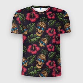 Мужская футболка 3D Slim с принтом Гавайская тема с ананасовыми черепами в Кировске, 100% полиэстер с улучшенными характеристиками | приталенный силуэт, круглая горловина, широкие плечи, сужается к линии бедра | Тематика изображения на принте: 