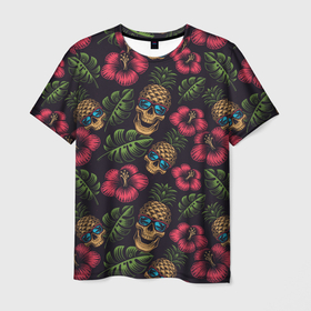Мужская футболка 3D с принтом Гавайская тема с ананасовыми черепами в Кировске, 100% полиэфир | прямой крой, круглый вырез горловины, длина до линии бедер | Тематика изображения на принте: 