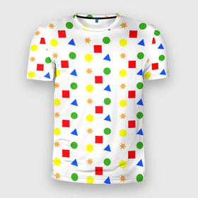 Мужская футболка 3D Slim с принтом Разноцветные геометрические фигурки в Тюмени, 100% полиэстер с улучшенными характеристиками | приталенный силуэт, круглая горловина, широкие плечи, сужается к линии бедра | Тематика изображения на принте: 