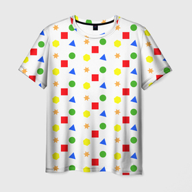 Мужская футболка 3D с принтом Разноцветные геометрические фигурки в Тюмени, 100% полиэфир | прямой крой, круглый вырез горловины, длина до линии бедер | Тематика изображения на принте: 