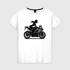 Женская футболка хлопок с принтом Силуэт девушки на мотоцикле в Санкт-Петербурге, 100% хлопок | прямой крой, круглый вырез горловины, длина до линии бедер, слегка спущенное плечо | 