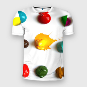 Мужская футболка 3D Slim с принтом Палитра красок на белом фоне в Санкт-Петербурге, 100% полиэстер с улучшенными характеристиками | приталенный силуэт, круглая горловина, широкие плечи, сужается к линии бедра | 