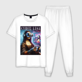 Мужская пижама хлопок с принтом Mona Lisa on a virtual helmet в Екатеринбурге, 100% хлопок | брюки и футболка прямого кроя, без карманов, на брюках мягкая резинка на поясе и по низу штанин
 | 