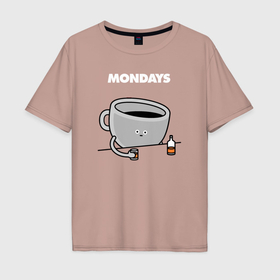 Мужская футболка хлопок Oversize с принтом Понедельники и кофе в Тюмени, 100% хлопок | свободный крой, круглый ворот, “спинка” длиннее передней части | 