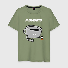 Мужская футболка хлопок с принтом Понедельники и кофе в Тюмени, 100% хлопок | прямой крой, круглый вырез горловины, длина до линии бедер, слегка спущенное плечо. | 