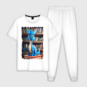 Мужская пижама хлопок с принтом Дракон на фоне книг в стиле майнкрафт в Курске, 100% хлопок | брюки и футболка прямого кроя, без карманов, на брюках мягкая резинка на поясе и по низу штанин
 | 