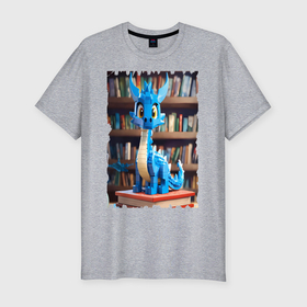 Мужская футболка хлопок Slim с принтом Дракон на фоне книг в стиле майнкрафт в Курске, 92% хлопок, 8% лайкра | приталенный силуэт, круглый вырез ворота, длина до линии бедра, короткий рукав | 