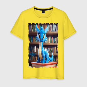 Мужская футболка хлопок с принтом Дракон на фоне книг в стиле майнкрафт в Курске, 100% хлопок | прямой крой, круглый вырез горловины, длина до линии бедер, слегка спущенное плечо. | 