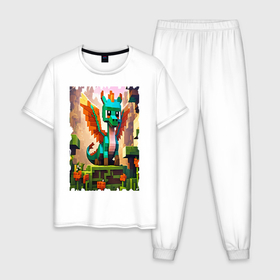 Мужская пижама хлопок с принтом Зеленый дракон в стиле майнкрафт в Тюмени, 100% хлопок | брюки и футболка прямого кроя, без карманов, на брюках мягкая резинка на поясе и по низу штанин
 | Тематика изображения на принте: 