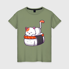 Женская футболка хлопок с принтом Суши котёнок в Белгороде, 100% хлопок | прямой крой, круглый вырез горловины, длина до линии бедер, слегка спущенное плечо | 