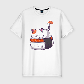 Мужская футболка хлопок Slim с принтом Суши котёнок в Курске, 92% хлопок, 8% лайкра | приталенный силуэт, круглый вырез ворота, длина до линии бедра, короткий рукав | 