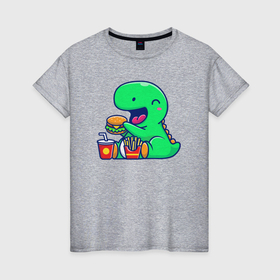 Женская футболка хлопок с принтом Динозаврик за обедом , 100% хлопок | прямой крой, круглый вырез горловины, длина до линии бедер, слегка спущенное плечо | 