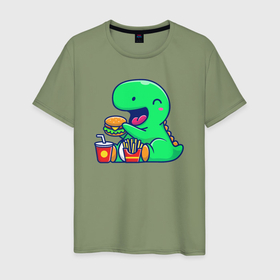 Мужская футболка хлопок с принтом Динозаврик за обедом в Петрозаводске, 100% хлопок | прямой крой, круглый вырез горловины, длина до линии бедер, слегка спущенное плечо. | 