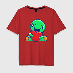 Мужская футболка хлопок Oversize с принтом Динозаврик и сердце в Тюмени, 100% хлопок | свободный крой, круглый ворот, “спинка” длиннее передней части | 