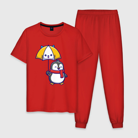 Мужская пижама хлопок с принтом Пингвинчик под зонтом в Санкт-Петербурге, 100% хлопок | брюки и футболка прямого кроя, без карманов, на брюках мягкая резинка на поясе и по низу штанин
 | 