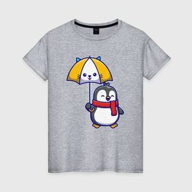Женская футболка хлопок с принтом Пингвинчик под зонтом , 100% хлопок | прямой крой, круглый вырез горловины, длина до линии бедер, слегка спущенное плечо | 