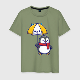 Мужская футболка хлопок с принтом Пингвинчик под зонтом в Курске, 100% хлопок | прямой крой, круглый вырез горловины, длина до линии бедер, слегка спущенное плечо. | 