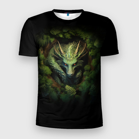 Мужская футболка 3D Slim с принтом Зеленый  дракон в дупле дерева в Новосибирске, 100% полиэстер с улучшенными характеристиками | приталенный силуэт, круглая горловина, широкие плечи, сужается к линии бедра | Тематика изображения на принте: 