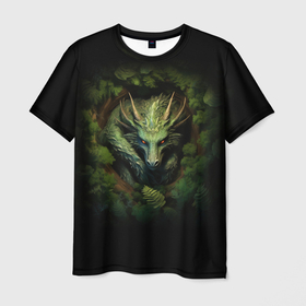Мужская футболка 3D с принтом Зеленый  дракон в дупле дерева , 100% полиэфир | прямой крой, круглый вырез горловины, длина до линии бедер | 