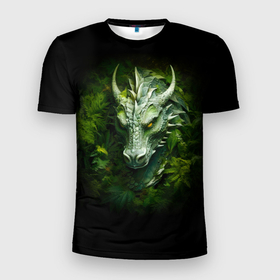 Мужская футболка 3D Slim с принтом Зеленый древесный дракон в зарослях в Петрозаводске, 100% полиэстер с улучшенными характеристиками | приталенный силуэт, круглая горловина, широкие плечи, сужается к линии бедра | Тематика изображения на принте: 