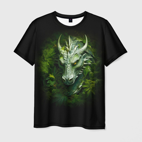 Мужская футболка 3D с принтом Зеленый древесный дракон в зарослях в Белгороде, 100% полиэфир | прямой крой, круглый вырез горловины, длина до линии бедер | 