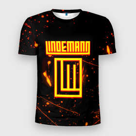 Мужская футболка 3D Slim с принтом Тилль Линдеманн огненное лого бенд в Новосибирске, 100% полиэстер с улучшенными характеристиками | приталенный силуэт, круглая горловина, широкие плечи, сужается к линии бедра | Тематика изображения на принте: 