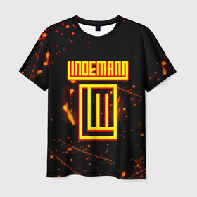 Мужская футболка 3D с принтом Тилль Линдеманн огненное лого бенд в Новосибирске, 100% полиэфир | прямой крой, круглый вырез горловины, длина до линии бедер | Тематика изображения на принте: 